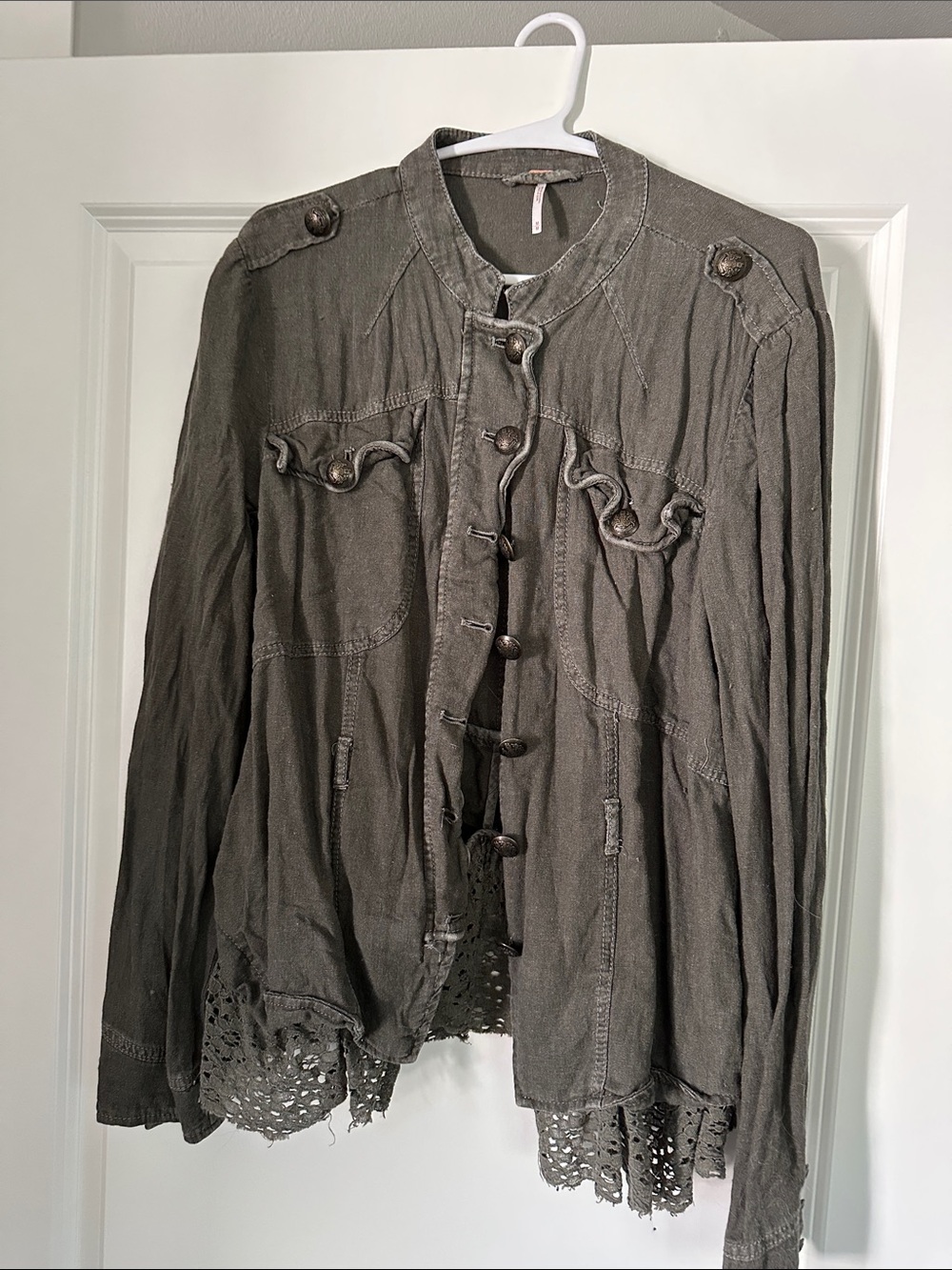 Free People Olive Green Military-Inspired Lace Hem Jacket - Picture 1 of 3